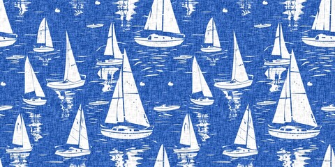 Coastal sail boat in azure ocean blue seamless border background. Modern sailing boat block print for decorative coast interior furnishing fabric for rustic linen beach cottage banner trend. 