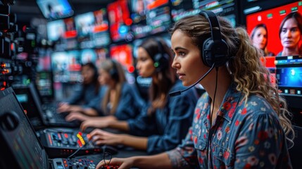 A woman in a control room, focused on her work during a broadcast