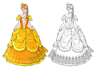 Colorful and black and white page for kids coloring book. Illustration of beautiful little princess in a luxurious gold dress. Worksheet for children and adults. Flat cartoon vector drawing.