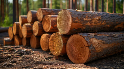 Timber Harvest: Stacked Tree Trunks on Forest Periphery