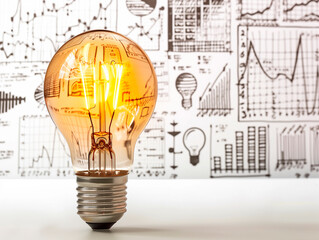 Closeup of a light bulb on with graphics in the background.