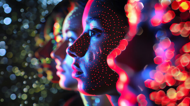 Faces with projections of genomic sequences reflecting individual genetic information. close-up, dark background. dna, analysis, research.