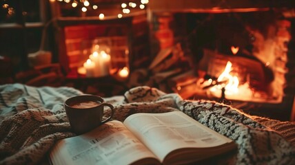 Cozy scene with a cup of coffee and an open book in front of a fireplace, evoking a hygge atmosphere.
