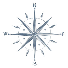 Watercolor illustration of Compass Rose in pastel blue colors. Drawing of marine navigation element for nautical and travel design. Hand drawn sign for maps on isolated background. Vintage object. © Alisles