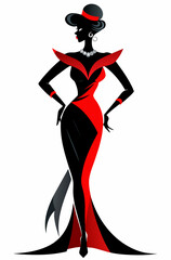 Vector portrait of an elegant woman, illustrating the complexity of red and black tones in fashion.
