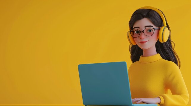 3d woman character with laptop and headphone on isolated yellow background with space for copy