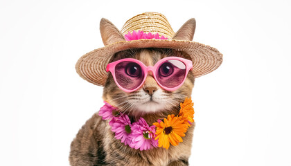 
cat in sunglasses, hat and flower necklace, lei