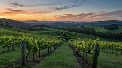 Obraz premium A scenic view of a vineyard at sunset with rows of grapevines and rolling hills