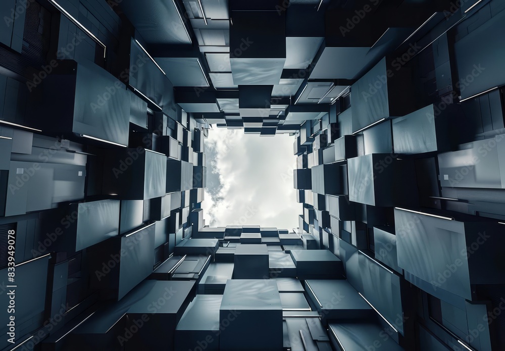 Poster 3d render of abstract futuristic architecture with blue and gray tones