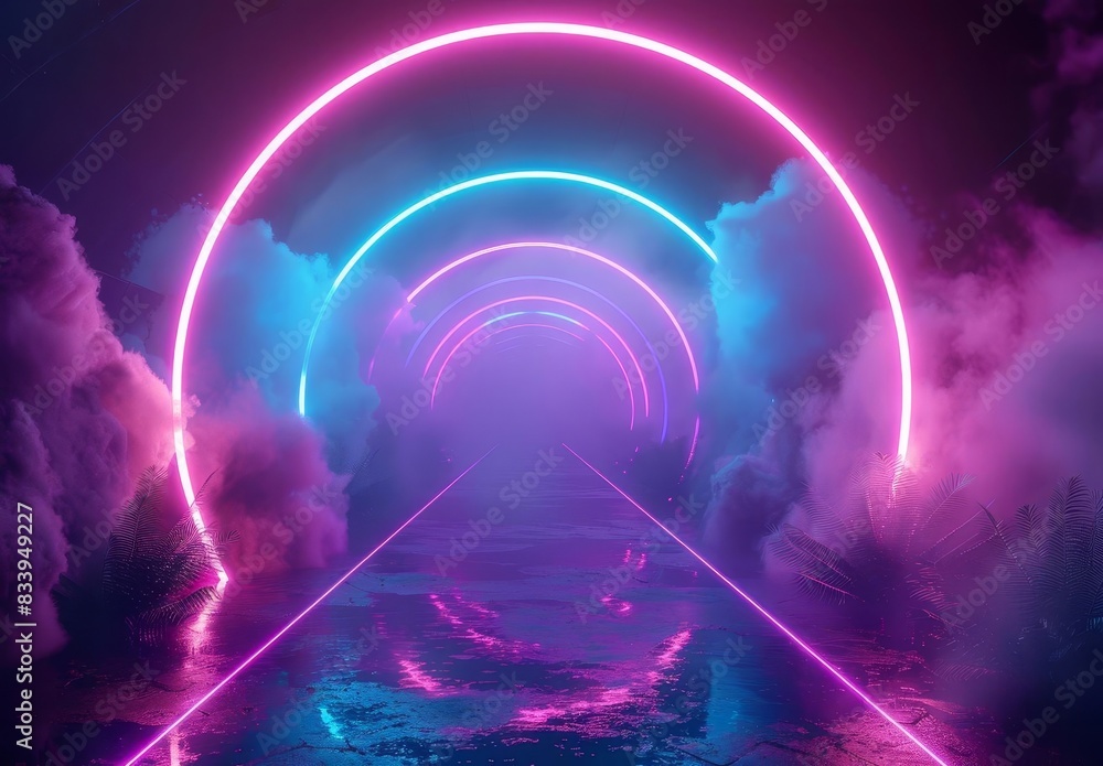 Poster abstract 3d render with glowing neon circular arches