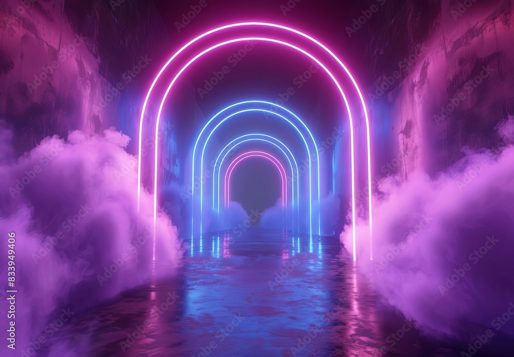 Poster 3d render of abstract neon tunnel with glowing arches and fog
