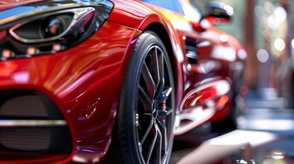 Close-up of luxury red car with copy space background