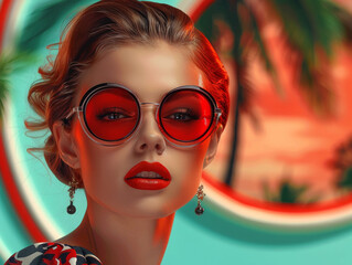 Fototapeta premium Retro style pastel colors summer background. Fashion woman wearing big sunglasses.