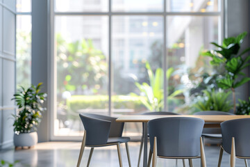 blurred background of a modern office interior with a table and chairs, panoramic windows on the wall. A business concept scene. Highly detailed, ultra realistic photo