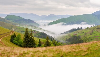 carpathian countryside scenery on a foggy morning mountainous rural landscape of ukraine with grassy meadows forested hills and misty valley in spring clouds above the mountains