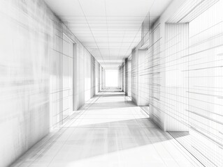 A minimalist white corridor with clean lines and symmetrical design, showcasing modern architecture and a sleek, futuristic aesthetic.

