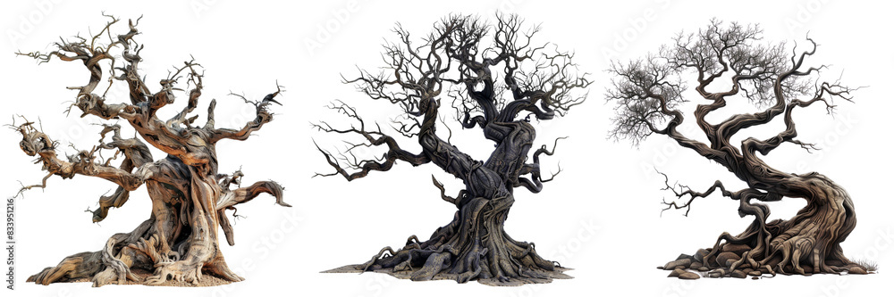 Wall mural set of strange ancient tree with gnarled branches and twisted roots isolated on a transparent backgr