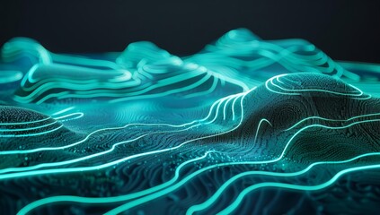 Abstract digital terrain in glowing teal lines, representing futuristic technology and data visualization with a dark background.

