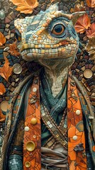 Fototapeta premium A small lizard with a blue and green body and orange and blue clothing