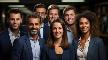 A diverse group of business professionals stands together, presenting unity and a collaborative spirit in a corporate environment