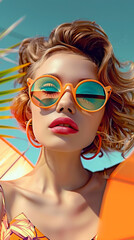 Retro style pastel colors summer background. Fashion woman wearing big sunglasses.