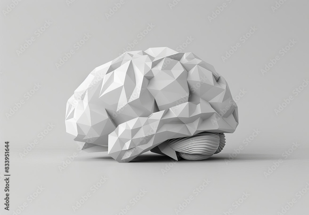 Poster abstract geometric model of a brain with a faceted design on a grey background, representing intelli