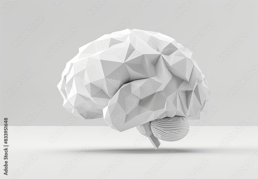 Poster abstract geometric model of a brain with a faceted design on a grey background, representing intelli