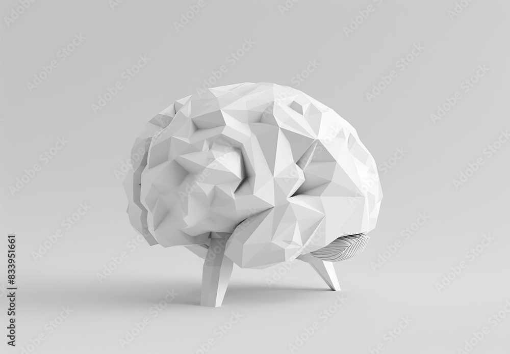 Poster abstract geometric model of a brain with a faceted design on a grey background, representing intelli