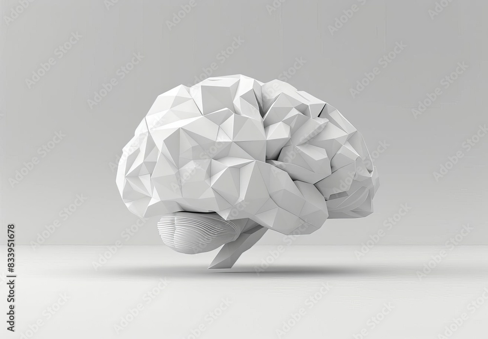 Poster abstract geometric model of a brain with a faceted design on a grey background, representing intelli