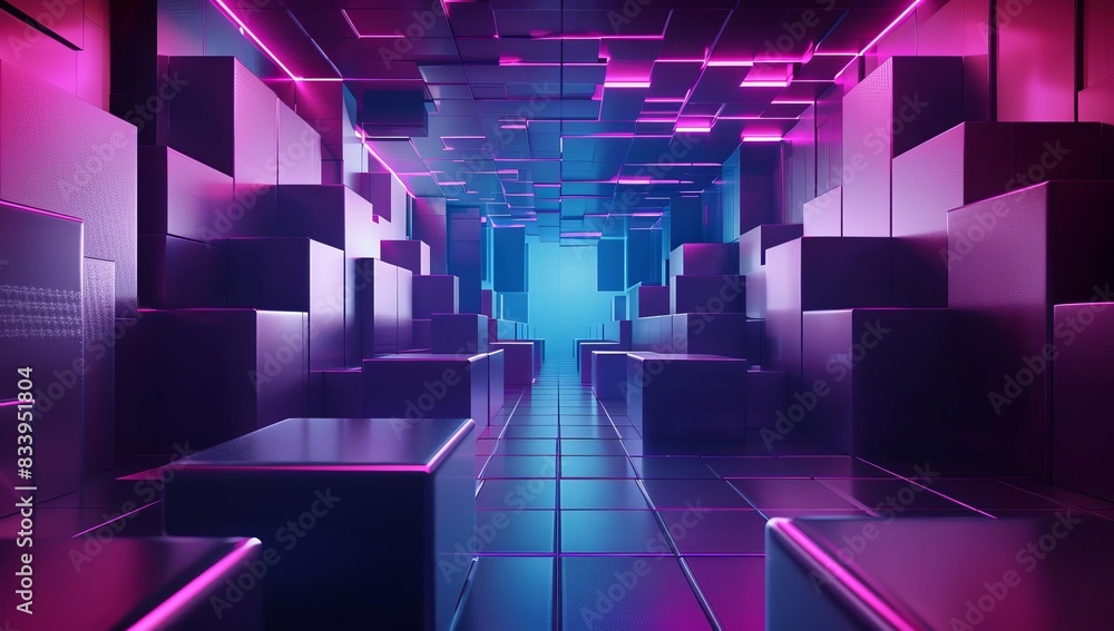 Poster abstract composition of floating pink and blue cubes, showcasing modern design and digital creativit