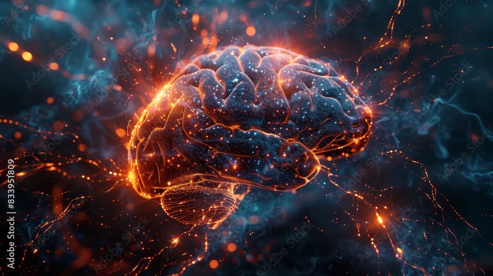 Poster a brain with a lot of glowing lines and dots surrounding it