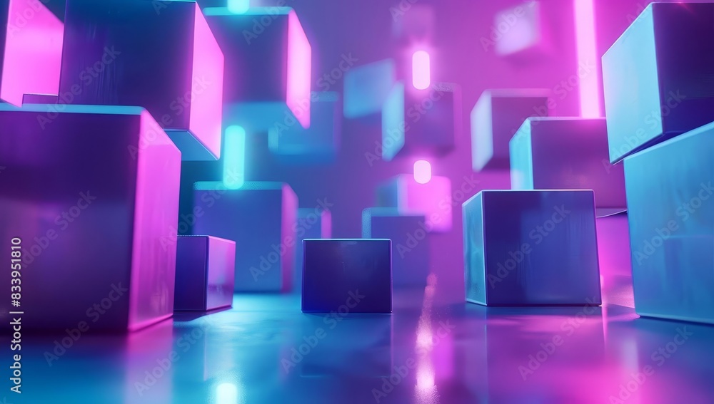 Poster abstract composition of floating pink and blue cubes, showcasing modern design and digital creativit