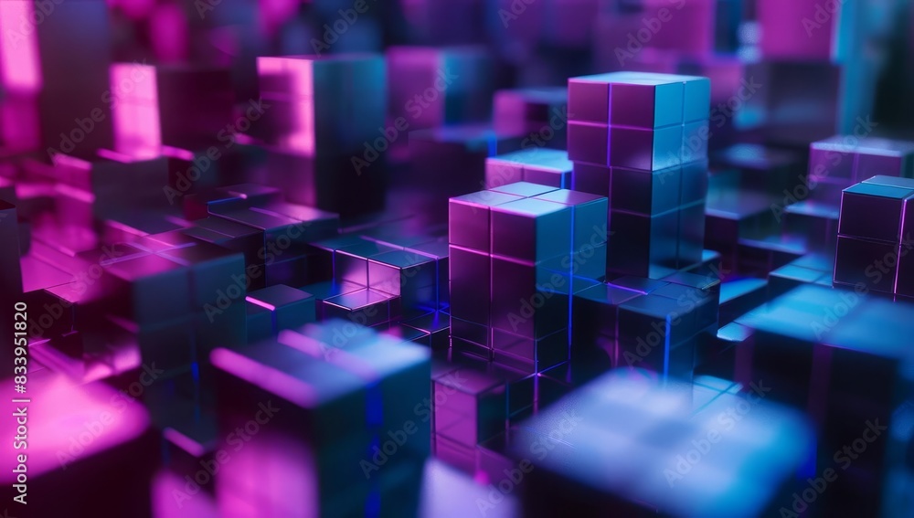 Poster abstract composition of floating pink and blue cubes, showcasing modern design and digital creativit