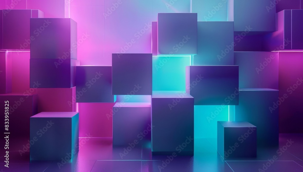 Poster abstract composition of floating pink and blue cubes, showcasing modern design and digital creativit