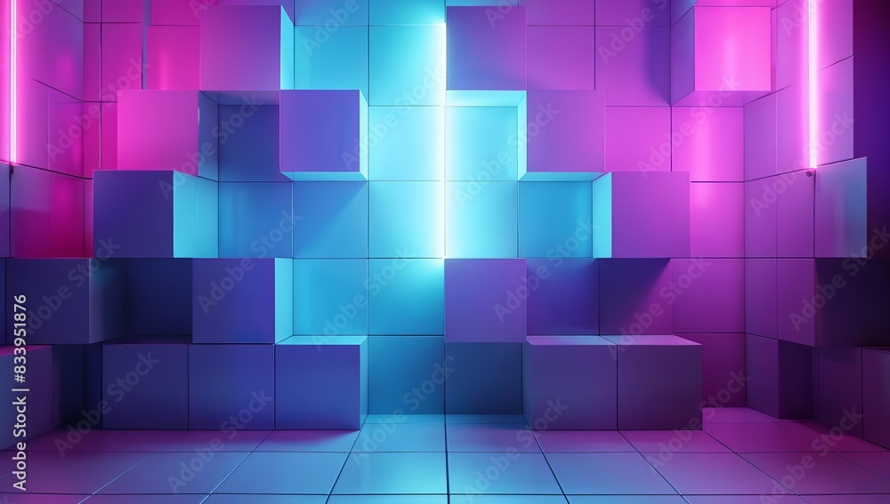 Poster abstract composition of floating pink and blue cubes, showcasing modern design and digital creativit