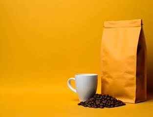 Minimalistic modern mock up coffee bag with a cup background