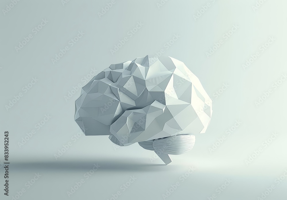 Poster faceted model of a brain on a gradient background, blending artistic design with scientific represen