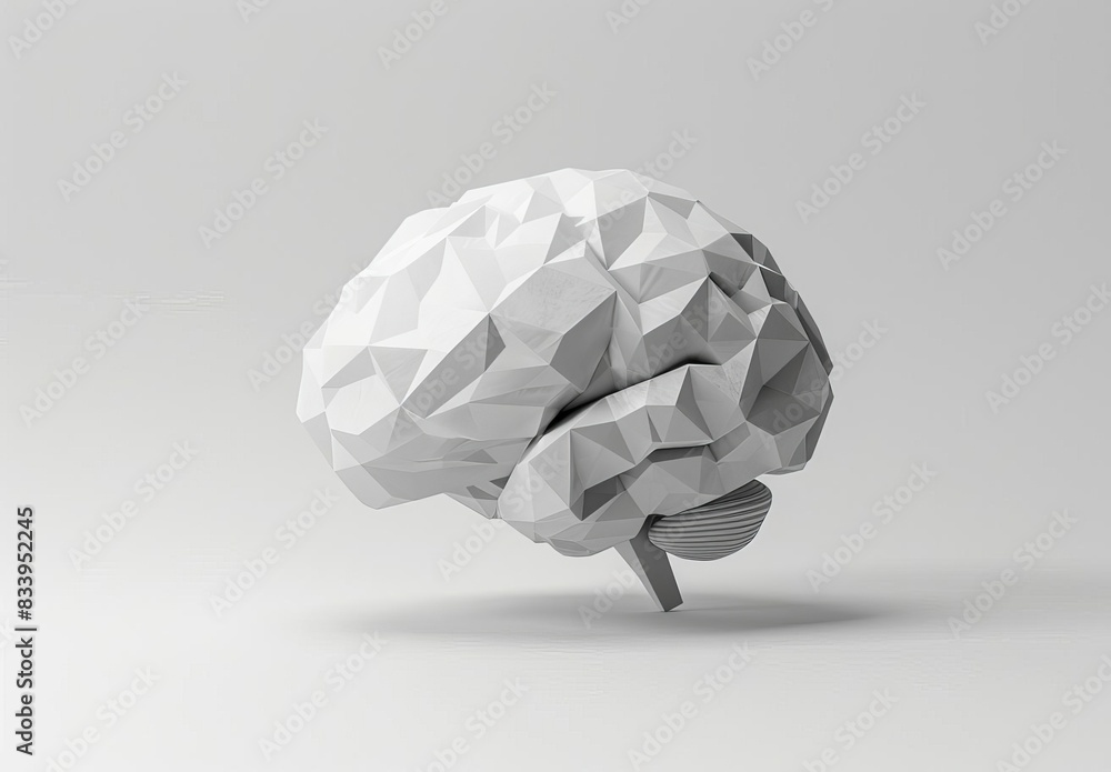 Poster faceted model of a brain on a gradient background, blending artistic design with scientific represen