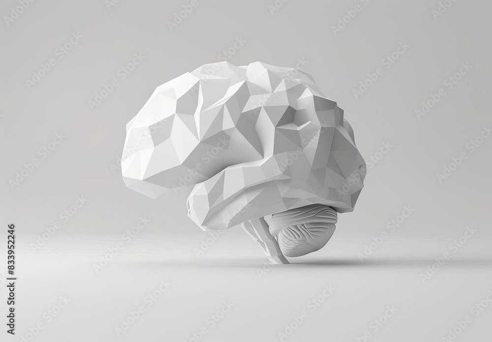Poster faceted model of a brain on a gradient background, blending artistic design with scientific represen