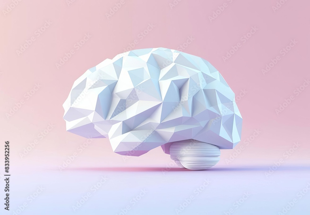 Poster faceted model of a brain on a gradient background, blending artistic design with scientific represen