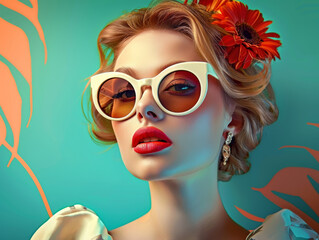 Fototapeta premium Retro style pastel colors summer background. Fashion woman wearing big sunglasses.