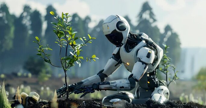 Humanoid robot reforesting, integrating robotics with tree planting to combat carbon emissions in deforested areas. Carbon footprint reduction technology