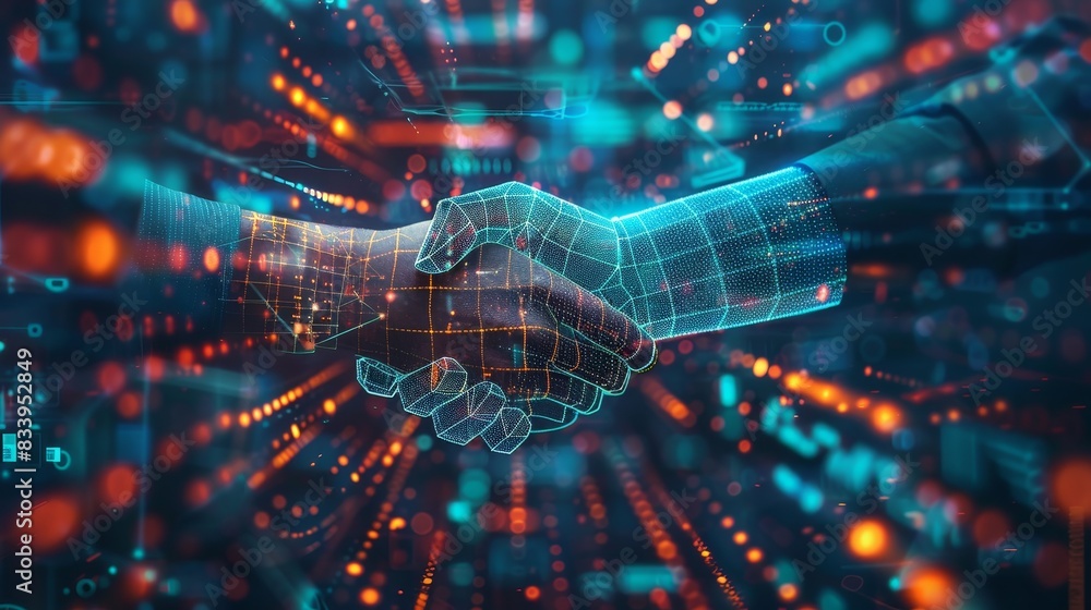 Poster A handshake between two robots in a futuristic setting