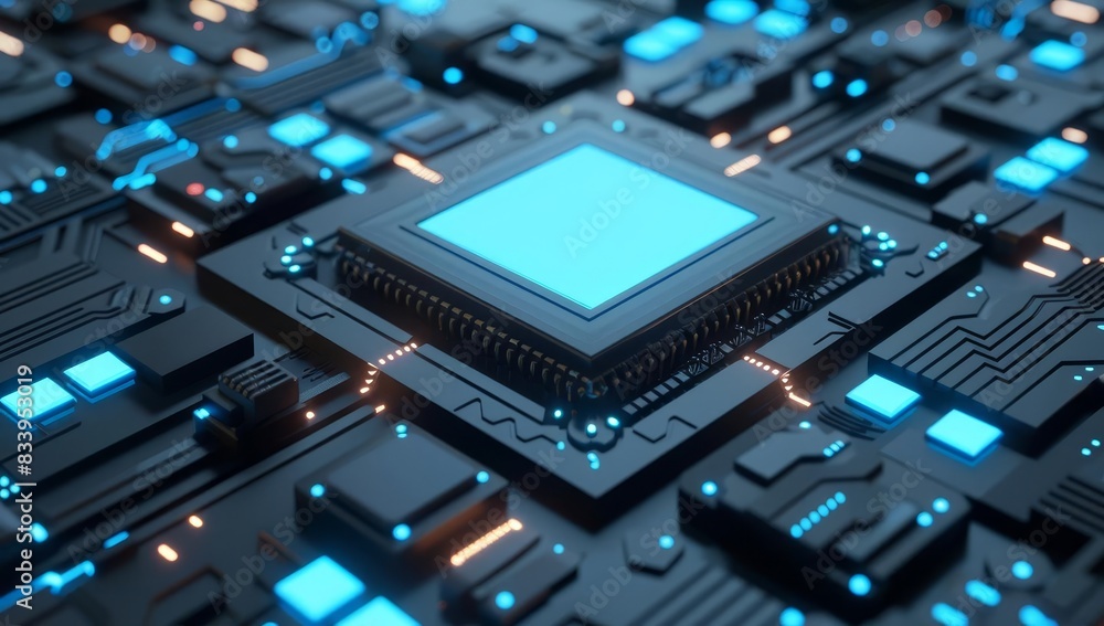 Poster advanced microchip on circuit board with blue and orange lights