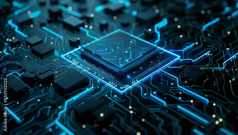 Poster advanced microchip on circuit board with blue and orange lights