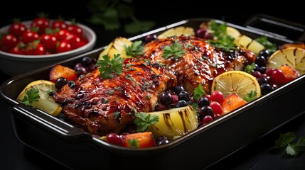 Delicious roasted chicken with herbs surrounded by assorted vegetables on dark background - Powered by Adobe
