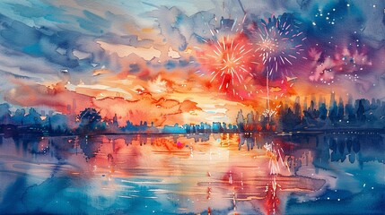 Obraz premium A watercolor painting of a serene lakeside scene with reflections of fireworks on the water, capturing the tranquility and beauty of a July Fourth celebration, Watercolor, Serene, Lakeside 8K , high-r