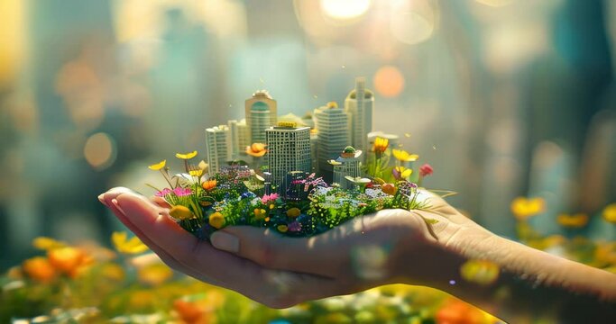 A blooming city cradled by a hand, showcasing efforts towards sustainable urban environments Carbon footprint reduction