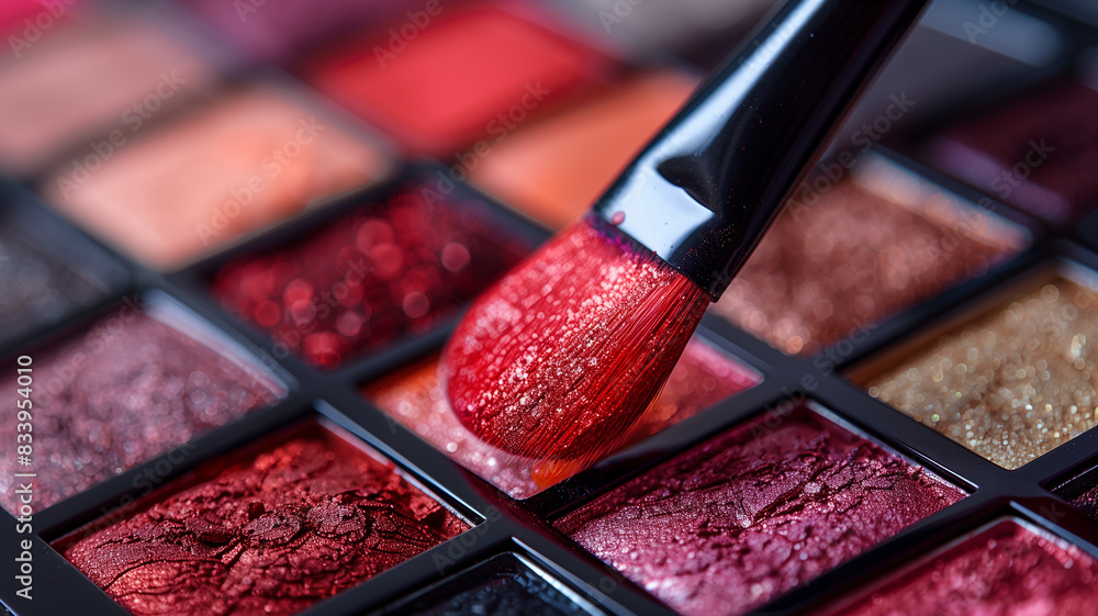 Poster detailed view of a makeup palette with a brush laying next to it, showcasing various shades and text