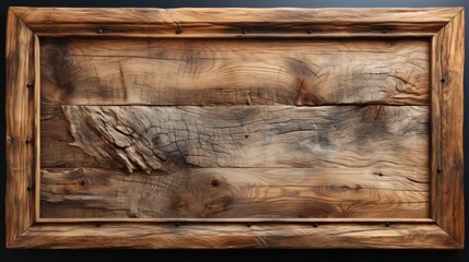 A rustic wooden picture frame showcasing intricate wood grain patterns on a dark background